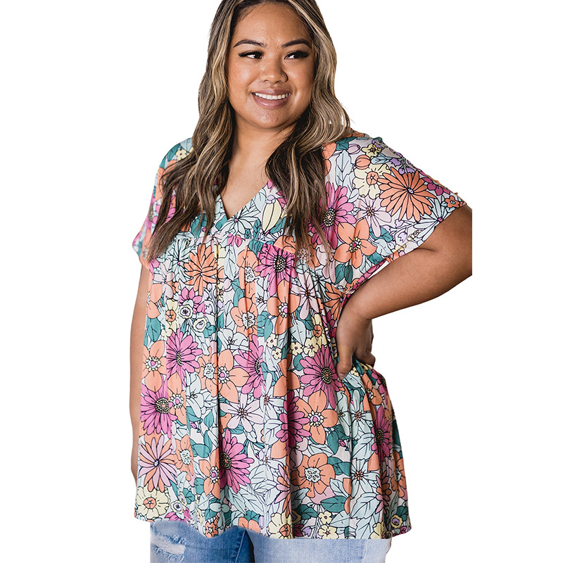 

Women's T-Shirt Plus size short sleeve T-shirts floral print loose draw Pleated V-neck top, 01