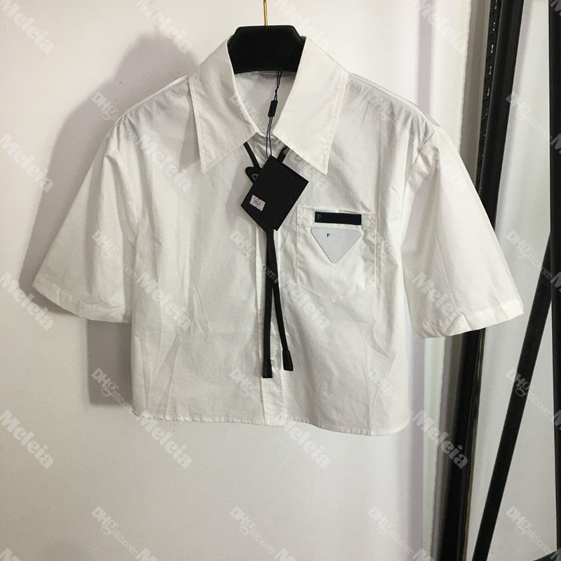 

Lady Cotton Shirts with Pendant Triangle Badge Designer Women Shirts Short Sleeve England Style Female Tops, White