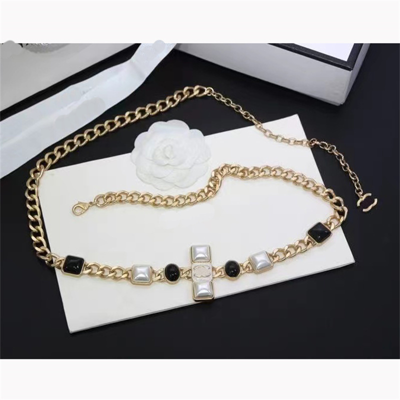 

Luxury Brand Designer Waist Chain Diamond Belts Women Waistband Designer Chains Belts Letters Pearl Belt Gold Dress High Quality Waistband, Black