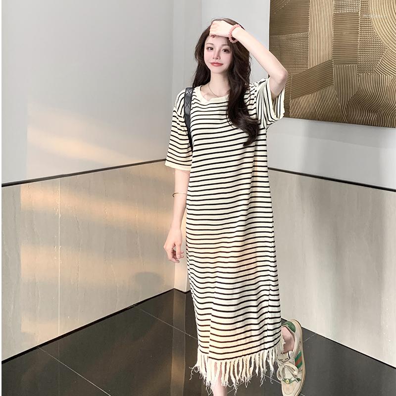 

Party Dresses Women' Summer Korean High-end Style Round-neck Short-sleeved Fringe Loose Fashion Versatile Elastic Knitted Dress, Black stripes