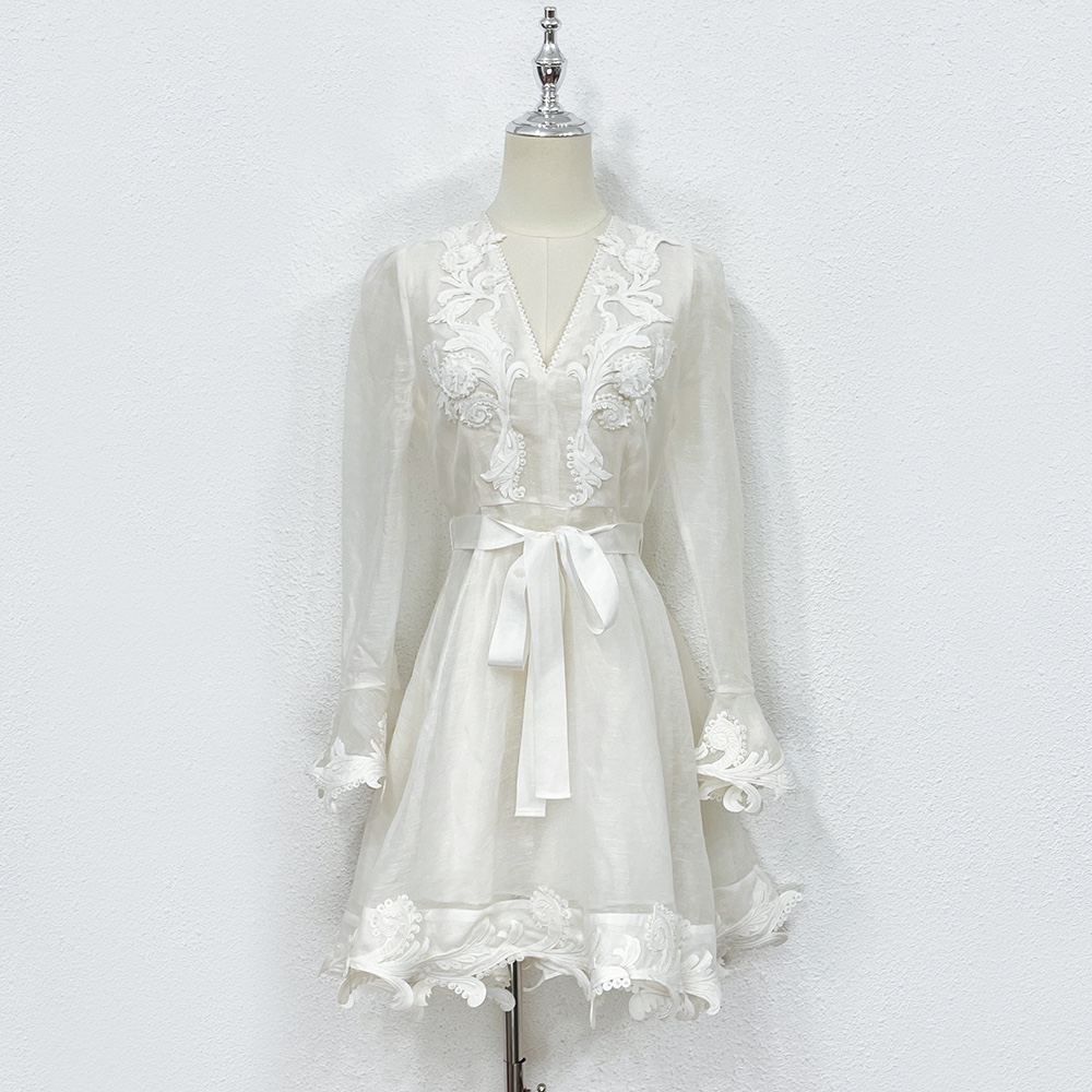

Runway Dresses Australian designer Silk and hemp studded embroidered V-neck flared sleeve mini dress, White