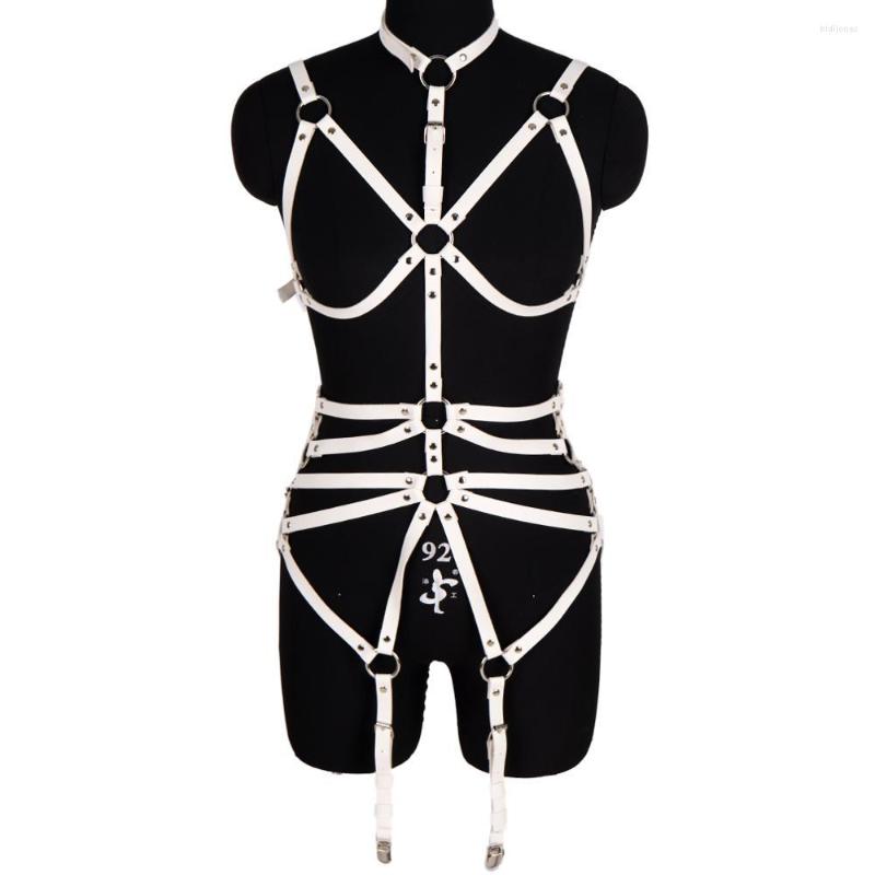 

Garters White Leather Harness Lingerie Set Punk Goth Ring Bondage Suspender Waist Dance Rave Festival Full Body Garter Belt Cage Top Bra, Pg0901red