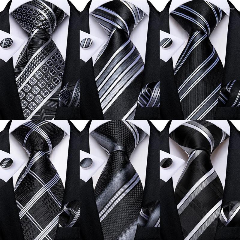 

Bow Ties Luxury Black Silver Striped Floral For Men Silk Polyester Wedding Party Formal Necktie Handkerchief Cufflinks Gift