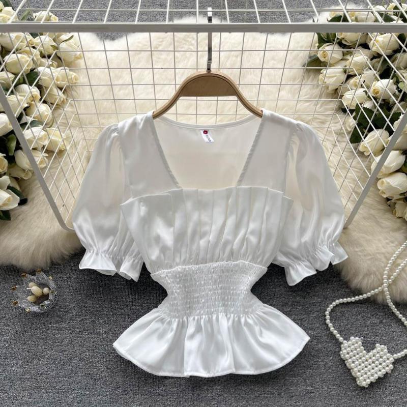 

Women's Blouses Sexy Pleated Puff Sleeve High Waist Slim Blouse Elegant Korean Fashion Ruffle Crop Top Shirt Summer Women Clothing, Pink