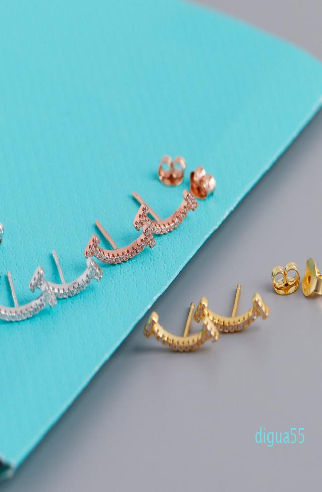 

fashion Diamond T shape smile charms stud earrings s925 sterling silver jewelry rose gold female Valentine039s day gift9084299