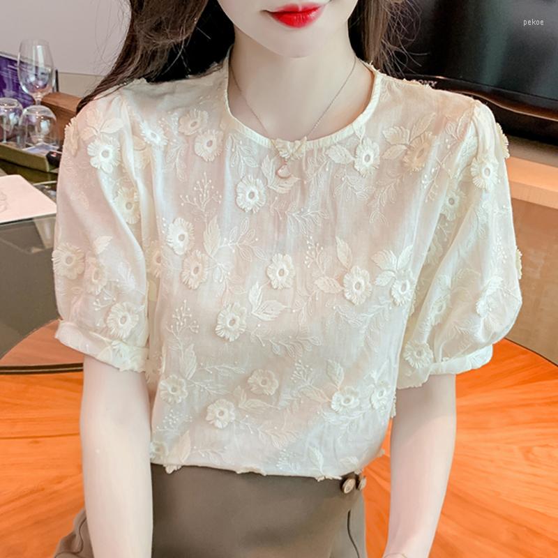 

Women' Blouses Summer Embroidered Lace Sweet Blouse Women Elegant Short Sleeve Tops 2023 O Neck French Style Loose Casual Simple Shirt, Beige apricot color