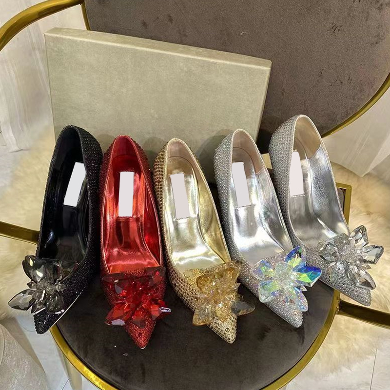 Avec boîte Londres Chaussures habillées de luxe pour femmes Alia Allure Escarpins à bout pointu recouverts de cristal 5/7/9 cm noir rouge or rose