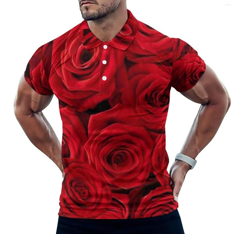 

Men' Polos Floral Casual T-Shirts Red Rosses Print Polo Shirt Collar Trendy Summer Male Graphic Tops Big Size, Style-9