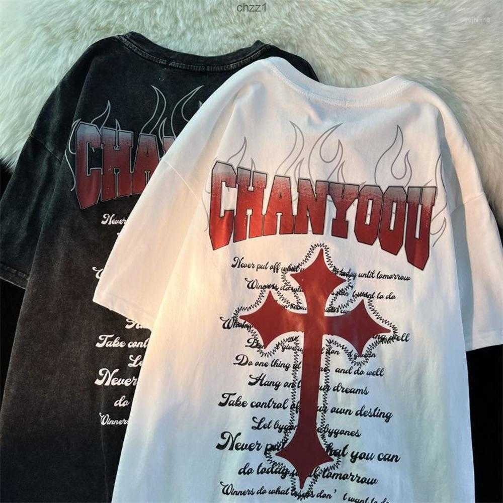 

Men's t Shirts Flame Cross Gothic T-shirt Oversized Vintage Grunge Graphic Print Casual Cotton Tee Hip Hop Streetwear Unisex Y2k99fv99fv, White