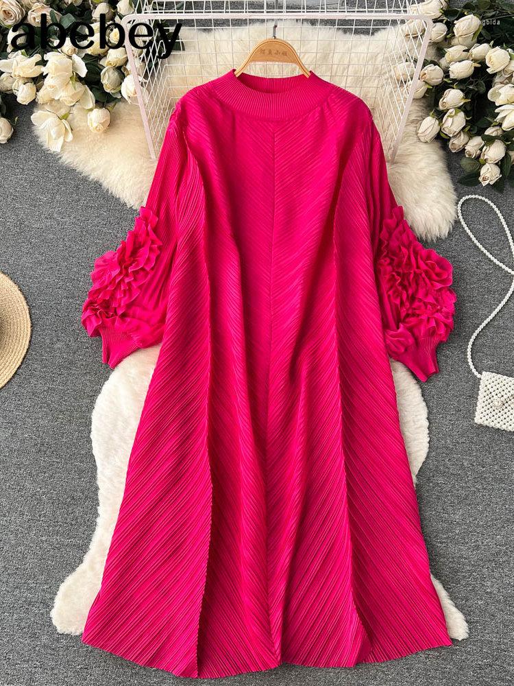 

Casual Dresses Woman Pleated Midi Dress Ruffles Mesh Long Sleeve Half Turtleneck Vintage Style Elegant 2023 Early Autumn Fashion, Yellow