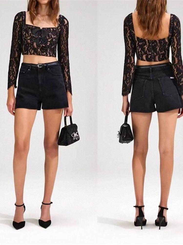 

Women' Blouses Women' Black Lace Short Hollow Out Temperament Square Neck Bow Rhinestone Top Backless Shirt For Ladies, Blouse