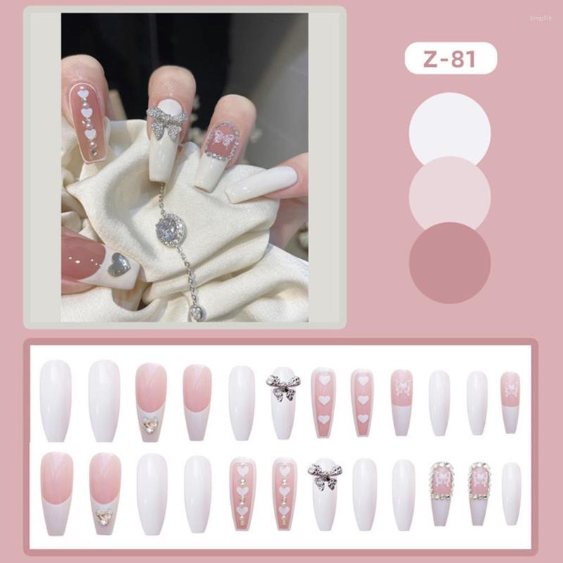 

False Nails 2023 24PCS Shiny Butterfly Fake Long Flat Head Sweet Style Artificial Heart Rhinestones Ballerina, Beige