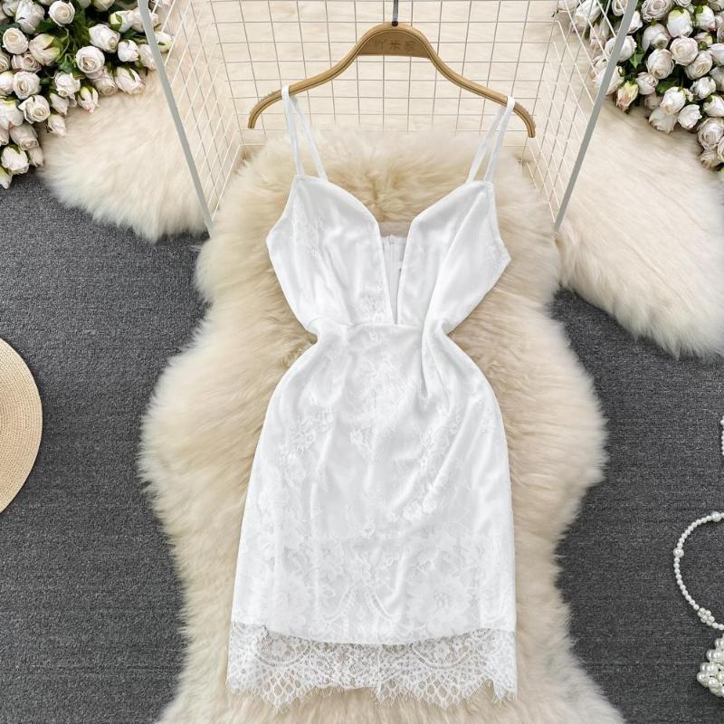 

Casual Dresses Spaghetti Strap Lace Spliced Sexy Deep V-neck Solid Colours Femme Crop Shirts Tops Chic Elastic High Waist Woman Blusas, Black