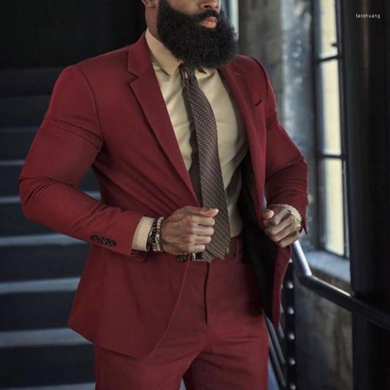 

Men's Suits Burgundy Slim Fitted Wedding Men Evening Prom Party Dresses 2 Pieces Blazer Sets Jacket Pants Fashion Style Groom Tuxedos