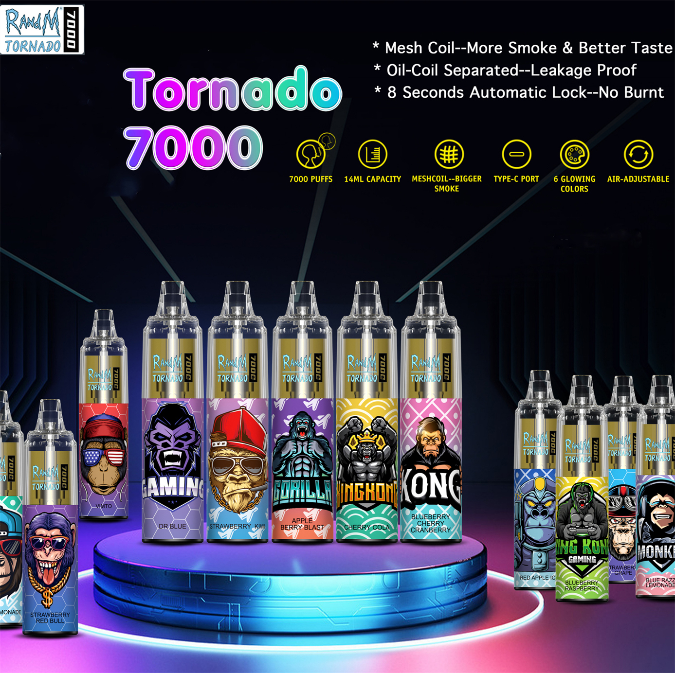 

Original randm tornado 7000 puffs disposable vape pen disposables e cigarette kit 2% 5% rechargeable battery rgb mesh coil adjustable airflow vapes