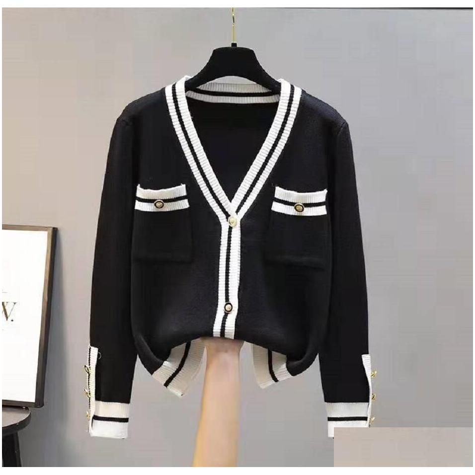 

Women' Sweaters Vintage Ladies Knitted Cardigans Women Long Sleeve Vneck Korean Office Fashion Slim Tops Drop Delivery Apparel Wome Dhol1, Black