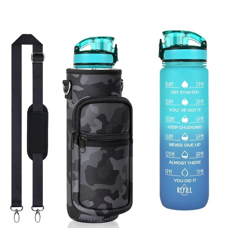 

32 OZ Water Bottles & Cover And Straw Strap Motivational Cup Times to Drink BPA Free 1L Reusable Sports Water Bottle with Sleeve Carrier Outdoor E0525, Black