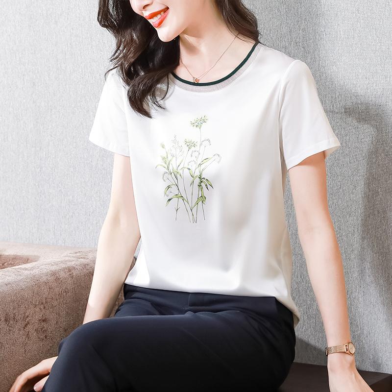 

Women' T Shirts Cotton Women' T-shirt Summer Loose 0-neck Top Flowers Printing Short Sleeve Tees Fashion Female Clothing, White
