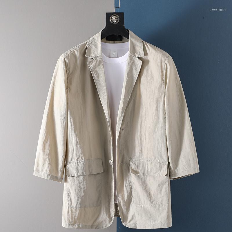 

Men' Suits Summer Suit Jacket Men Medium Sleeve Solid Sunscreen Clothes Coat Slim Korean Fashion Single Buckle Thin Casual Blazer, Khaki