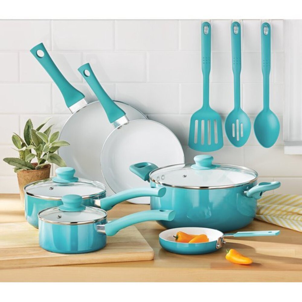 Ceramic Nonstick 12 Piece Cookware Set, Teal Ombre, Hand Wash Only-image-868854366