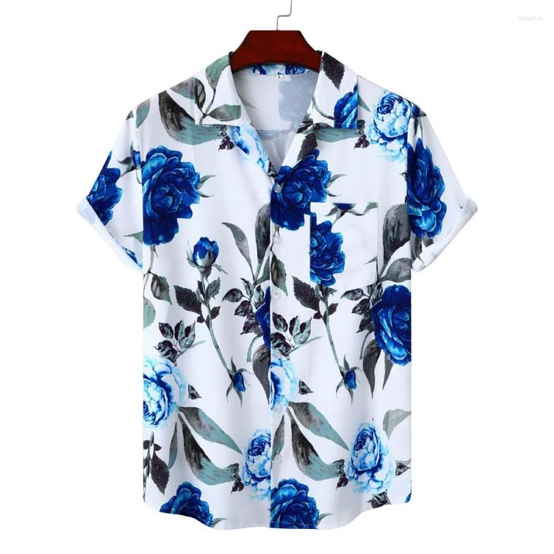 

Men's Casual Shirts Men Shirt Hawaii Floral Digital Print Short Sleeves Turn-down Collar V Neck Menswear Loose Summer Beach Male Top, Red white