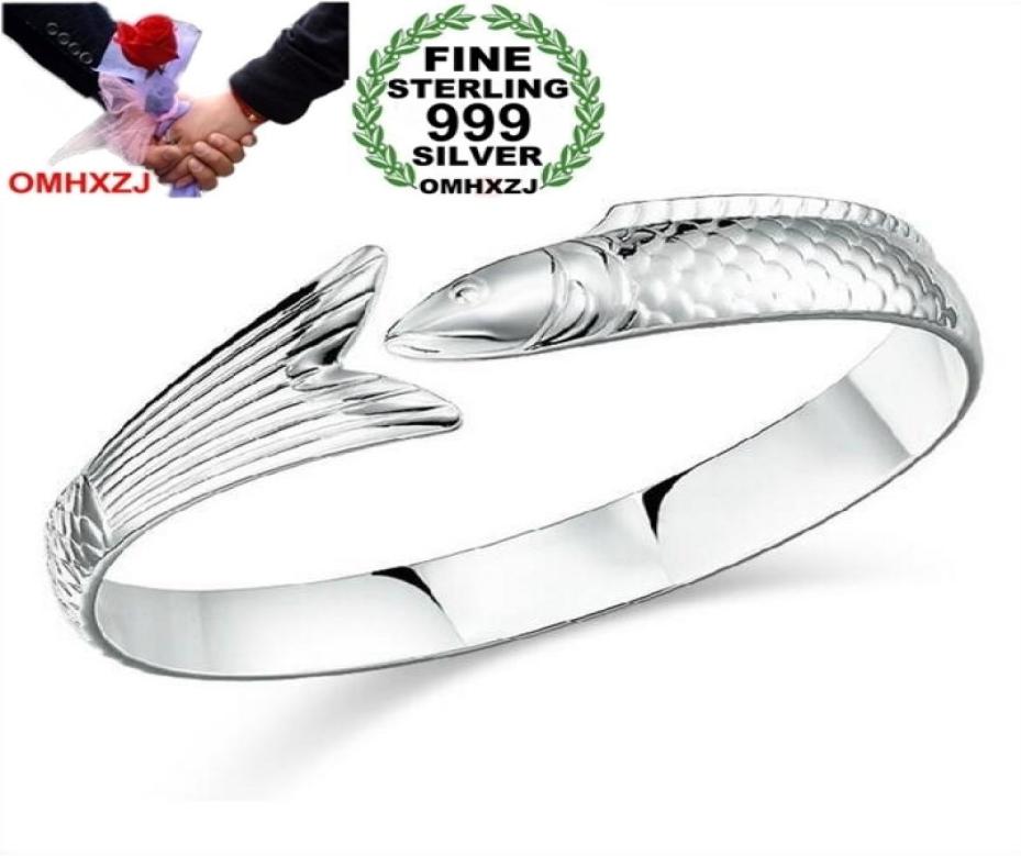 

OMHXZJ Whole geometric fashion single fish woman kpop star Fine 999 Sterling Silver opening bracelet Bangles gift SZ208781276