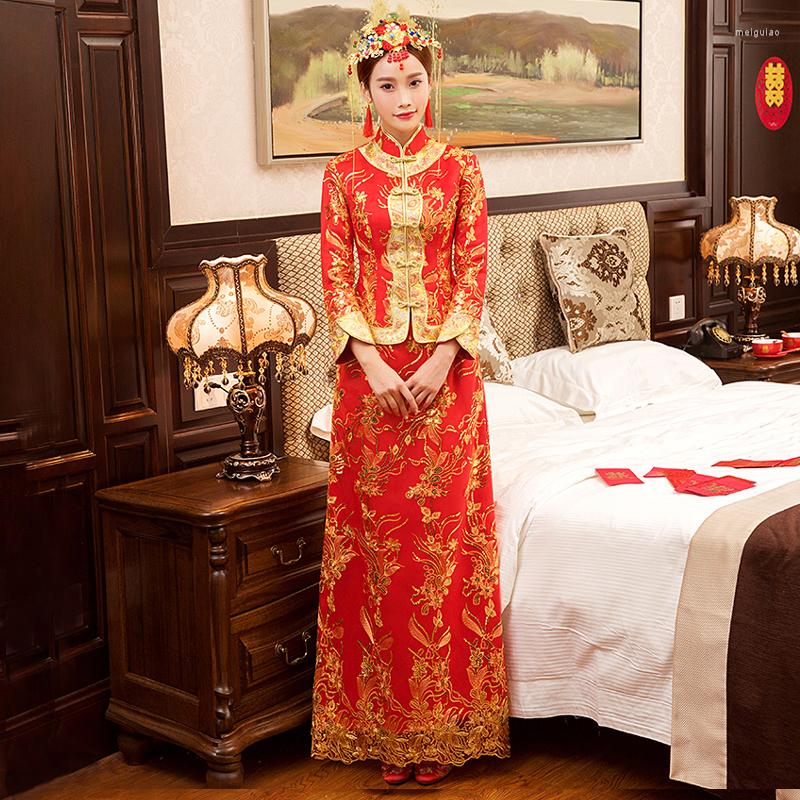 

Ethnic Clothing Red Traditional Chinese Wedding Dress Qipao National Costume Womens Overseas Style Bride Embroidery Cheongsam S-XXL
