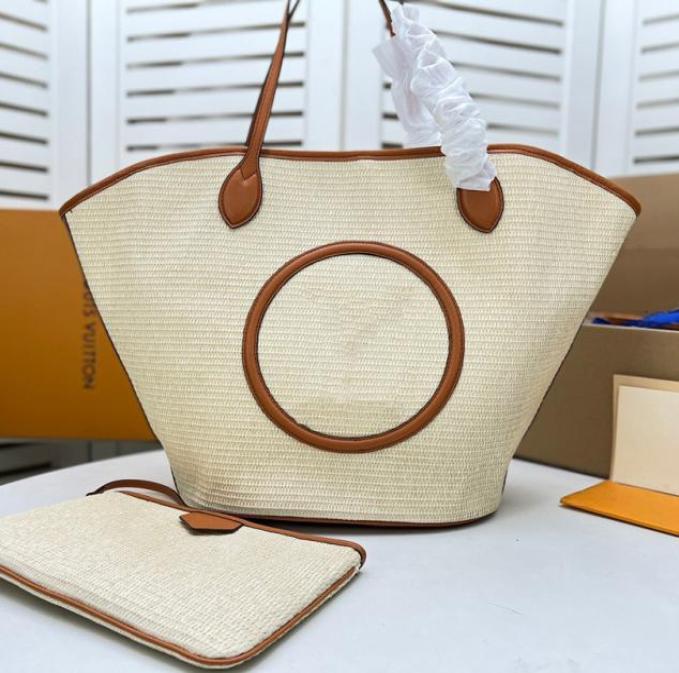 

Lafite Grass Straw Weaved Bag Petit Bucket Beach Tote with Little Pouch Summer Vacation Lady Bags7611789, Brown