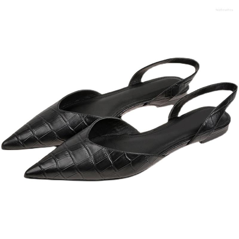 

Sandals Women Single Shoes Style Retro Pointed Flat Sole In Summer Versatile Baotou Leather Back Air Women's Fashion, Black