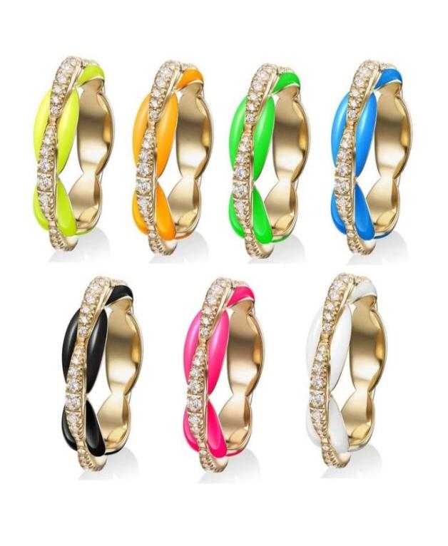 

Colorful Neon Enamel Bands Gold Color Clear CZ Coffee Beaded Engagement Eternity Band Stack Women Finger Ring7197221