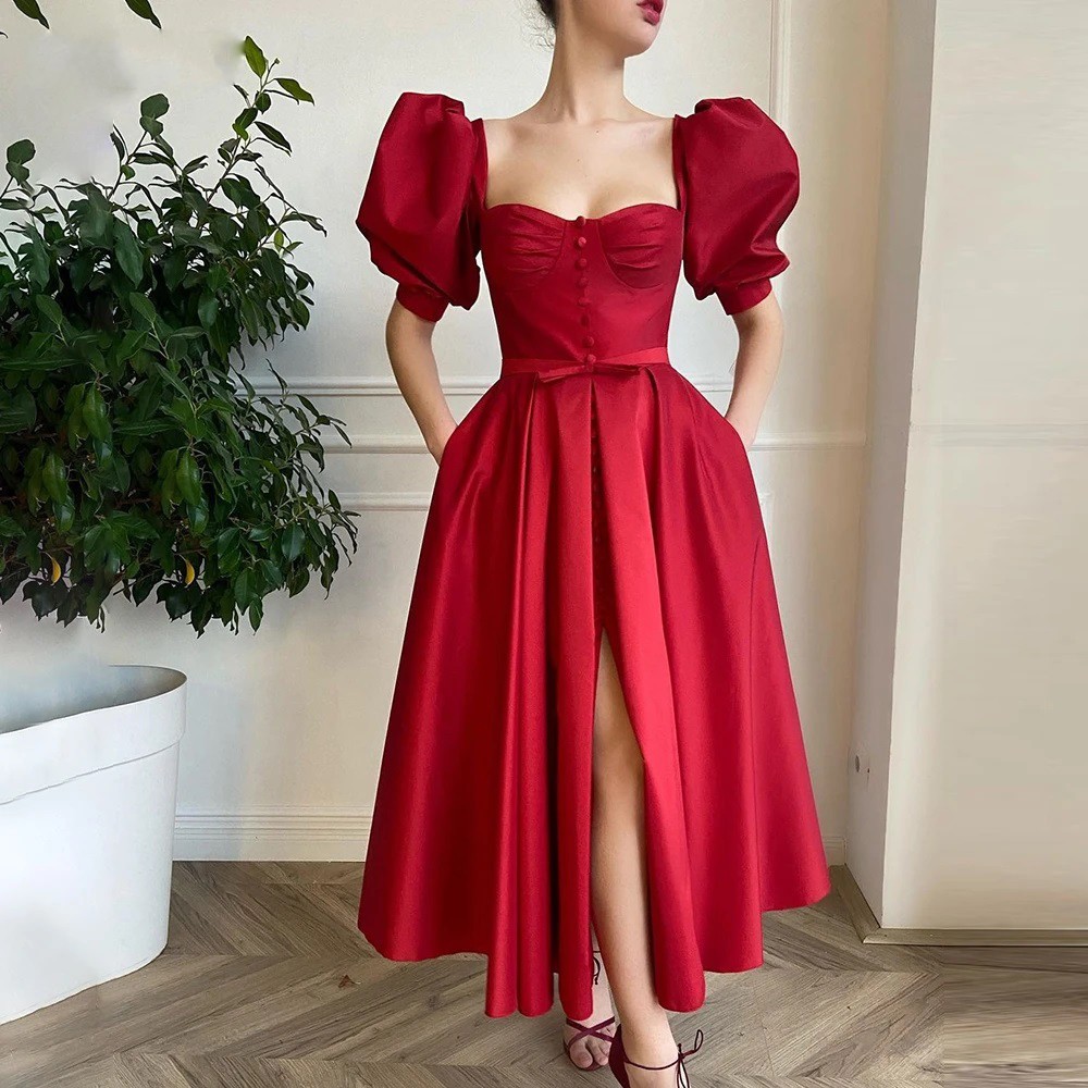 

Red Satin Short Sleeve Bubble Sleeve Princess Prom Dress A-line Sweetheart Collar Pleated Women's Graduation Party Gowns Robe De Soriee, Purple
