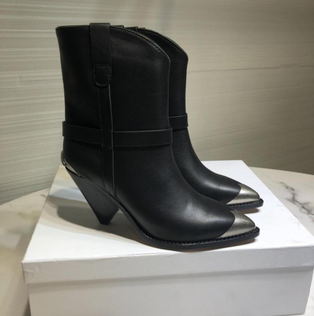 

Classic Isabel Boots Marant Lamsy Black Genuine Real Leather Ankle Boots Metal Toe Western Style6593442