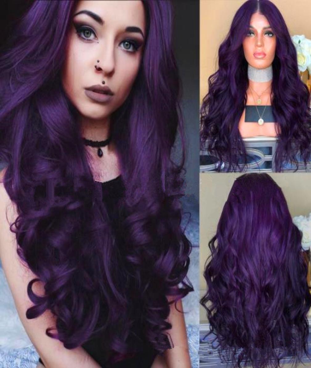 

lady Body Wave Heat Resistant Hair Purple Lace Front Wig Middle Part Glueless Synthetic Wigs for Black Women FZP1369411761, White