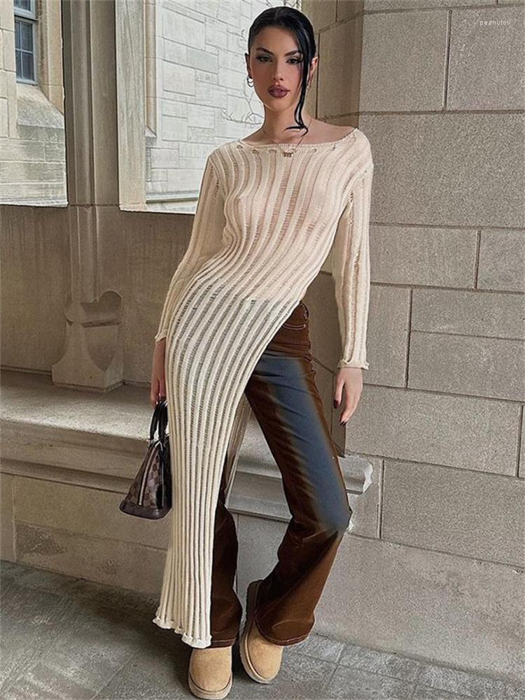 

Casual Dresses Kolliey Fall Apricot See Through Knit Maxi For Women Fashion 2023 Long Sleeve Bodycon Dress Ladies Side Slit