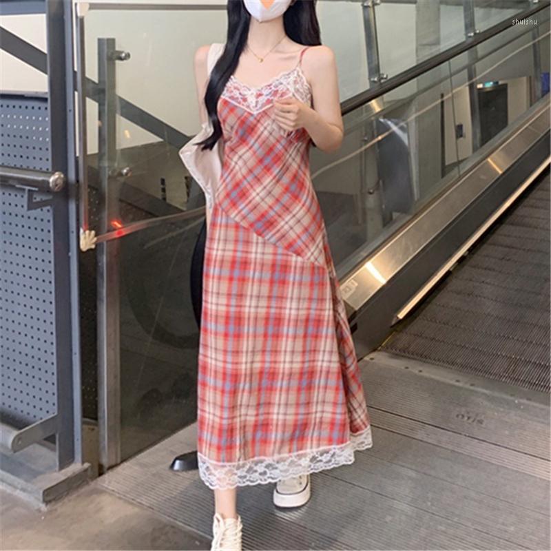 

Casual Dresses 2023 Summer Fashionable French Vintage Lace With Checked Strap Inner Style A-Line Dress Women' Trend H356, Red