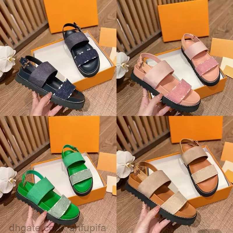 

Designer Women Sandals Paseo Flat Comfort Sandal Calf Leather on Trend Style Summery Mono Gram Denim Graphic Signature Gold-tone Buckle Rubber Outsole kingremit03