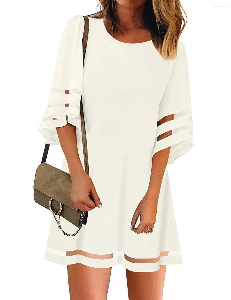 

Casual Dresses BKLD Women Mesh Splicing Flare Sleeve Chiffon Dress Lady Sexy Autumn Loose Solid Mini Party Elegant Beach, Black
