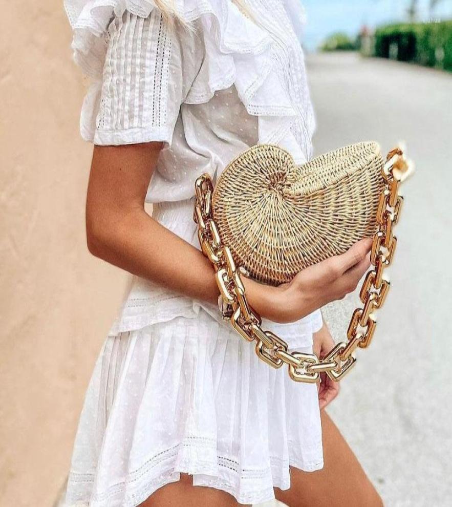 

Evening Bags 2022 Fashion Thick Chains Rattan Conch Women Shoulder Design Wicker Woven Handbags Luxury Summer Beach Straw Bag Bali1539664, Black
