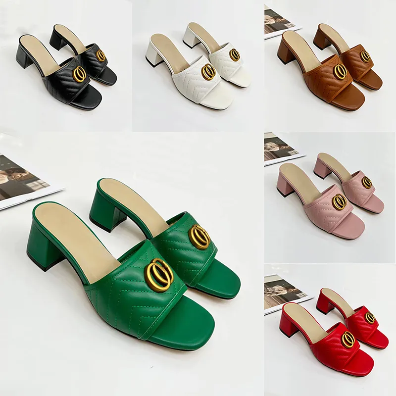 

New Women's High Heel Slippers Designer sandals for women Leather Fashion Sexy Embroidered Summer Chunky Heel Sandals 6.5cm With Box slides, 7#