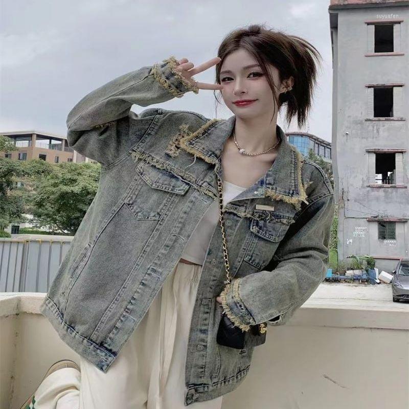 

Women' Jackets 2023 Spring Cowboy Coat Woman Hong Kong Breeze Retro Hole Large Size Easy Harajuku Wind Bomb The Street Jacket, Blue
