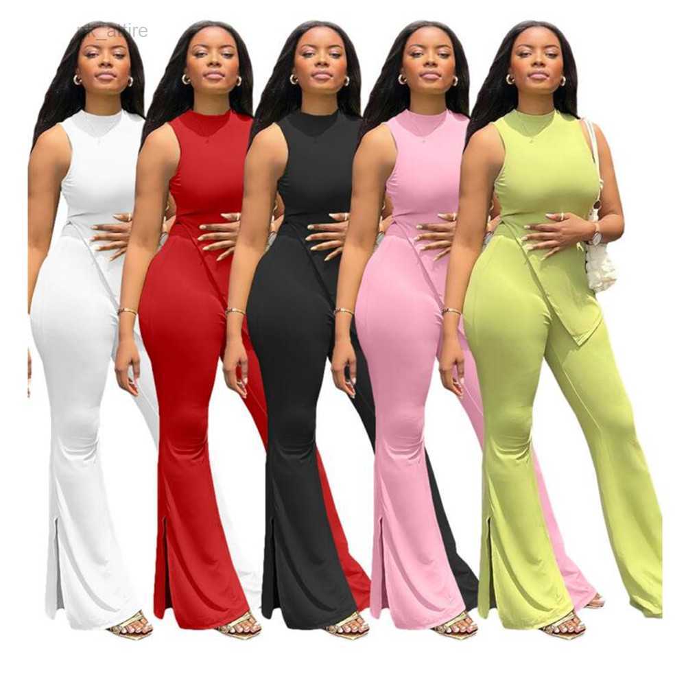 

2023 Spring Women Designer Tracksuits Active Outfits Sleeveless Pullover shirt and Flare pants Two Piece Sets Sportswear Casual sports suits Solid Sweatsuit 8324, Mix color
