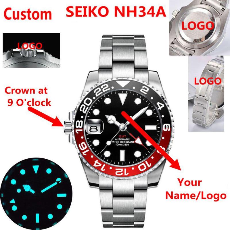 

Wristwatches 2023 Custom NH34 Automatic Mechanical Men's Watches GMT Watch 40mm Sapphire Crown At 9 O'clock 100M Waterproof Reloj, Black red gmt ornge2