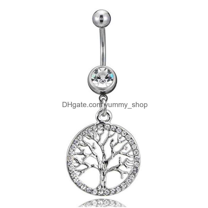 

Navel Bell Button Rings Piercing Tree Of Life Charm Round Slide Crystal Women For Belly Body Jewelry Drop Delivery Dhrq3