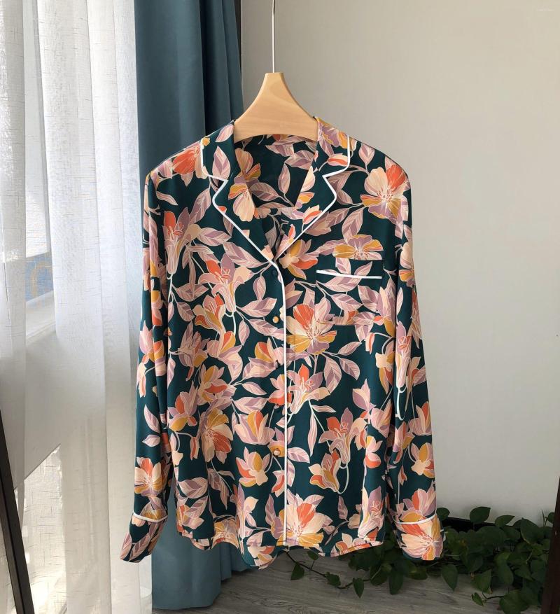 

Women' Blouses Women Notched Blouse And Shirt Floral Print Single Breasted Silk Long Sleeve Female Soft Top Early Autumn 2023