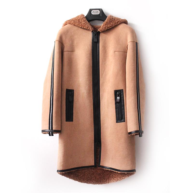 

Women's Fur & Faux Suede Patchwork Lamb Keep Warm Thick Winter Coat Turn-down Collar With Belt, Champagne