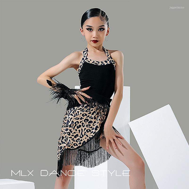 

Stage Wear Kids Latin Dance Costume Halter Bodysuit Leopard Tassel Skirt Girls ChaCha Samba Competition Outfit Summer Practice YS4862, Bodysuit-skirt
