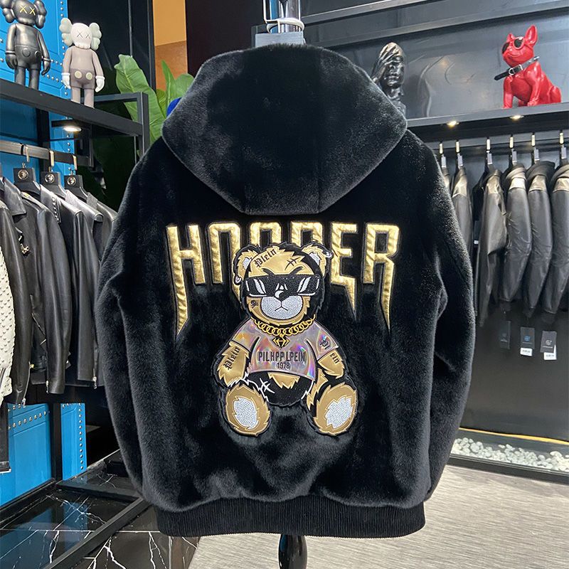 

Designer technology jacket Winter plush jacket Men's and women's thick warm hooded jacket Fashion plush jacket Little bear gilded street clothing jacket -XXXXL, Black