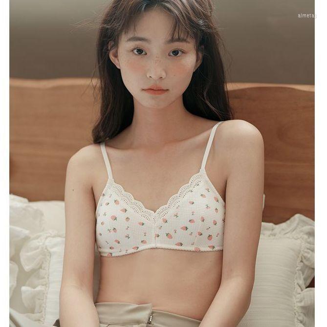 

Bras Japanese Sweet Cherry Small Breasts Push Up Thin Section No Steel Ring Breathable Girls Bra, Strawberry