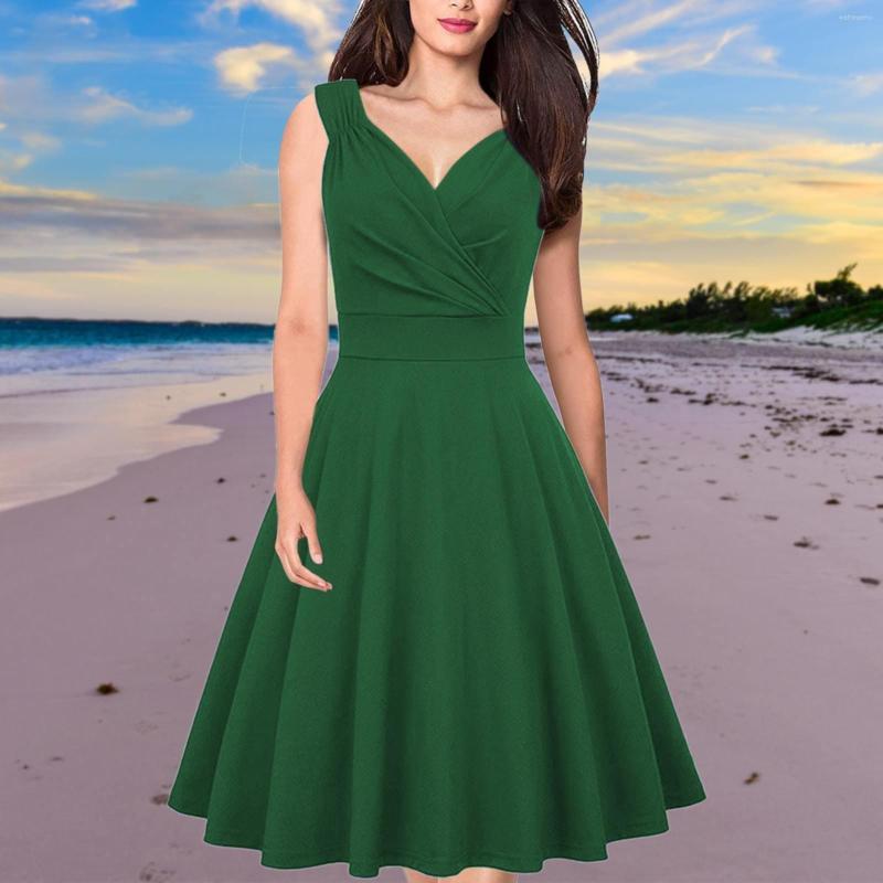 

Casual Dresses Ladies Summer Midi Dress Solid Color Sleeveless V Neck Large Size Big Swing High Quality Bodycon Beach Sundress, Blue