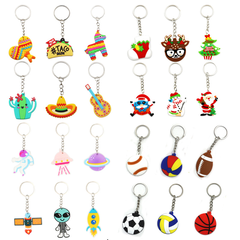 

6pcs Cartoon Animal Dog Lion Flower Cat Keychain Creative Metal Fashion Mexican cactus hat horse guitar PVC Pendant Small Gift